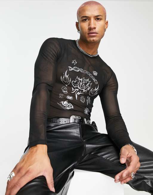 ASOS DESIGN – Langärmliges Shirt aus Netzstoff in Schwarz mit Grafikstickerei