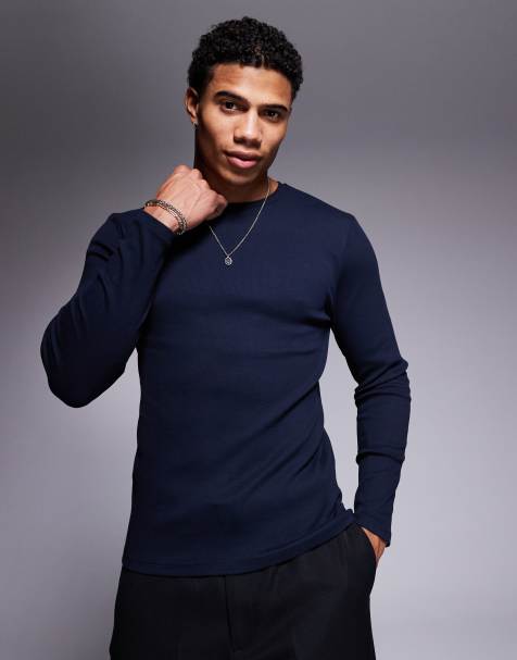 ASOS DESIGN – Langärmliges Shirt aus schwerem Rippmaterial in Marineblau mit Muskelschnitt - view 1