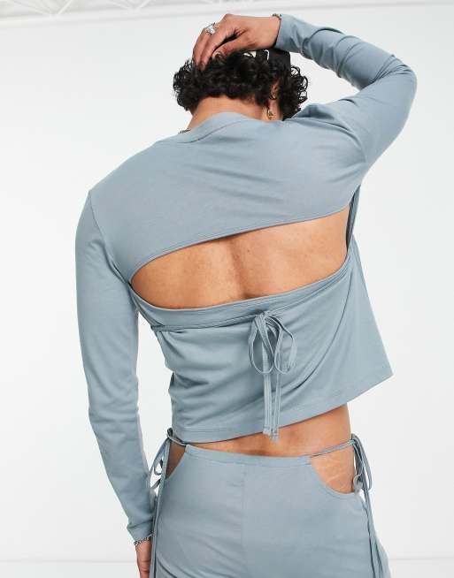 ASOS DESIGN – Langärmliges Shirt in Blau mit Bindebändern hinten, Kombiteil
