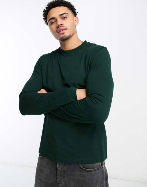 ASOS DESIGN – Langärmliges Shirt in Dunkelgrün mit Rundhalsausschnitt 