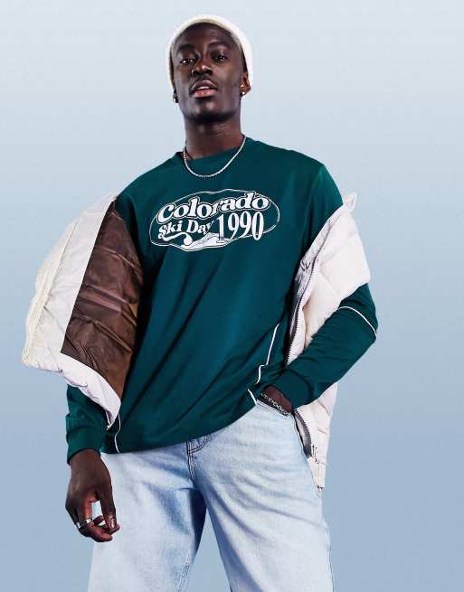 ASOS DESIGN – Langärmliges Shirt in Grün mit lockerem Schnitt und Paspelierung