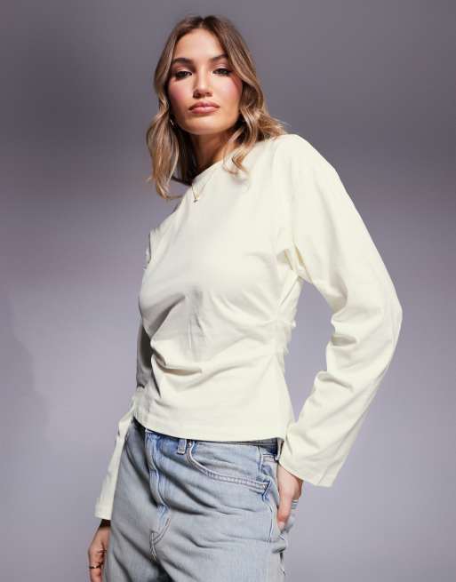 ASOS DESIGN – Langärmliges Shirt in Kokosmilchweiß mit Korsettdetail in der Taille