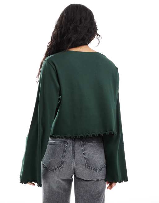 ASOS DESIGN – Langärmliges Shirt in Tannengrün mit Kräuselsaum, 4 von 4