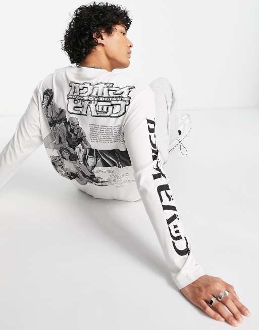 ASOS DESIGN – Langärmliges Shirt in Weiß mit „Cowboy Bebop“-Print