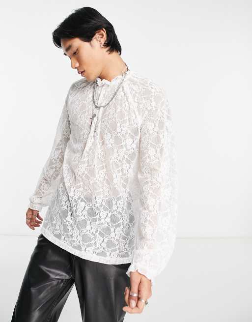ASOS DESIGN – Langärmliges Shirt in Weiß mit Spitzendetail an Ausschnitt und Ärmeln