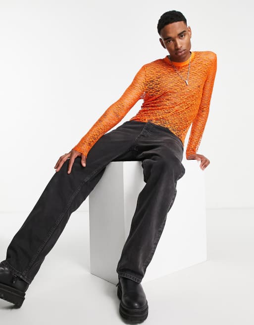 ASOS DESIGN Langarmliges Shirt mit engem Schnitt aus Spitzen Netzstoff in Orange ASOS