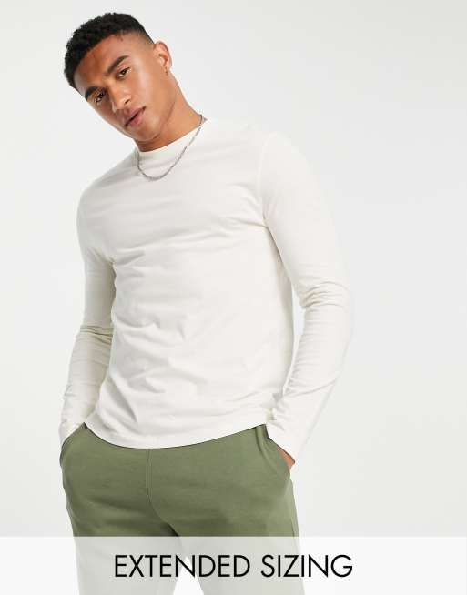ASOS DESIGN – Langärmliges Shirt mit Rundhalsausschnitt in gebrochenem Weiß
