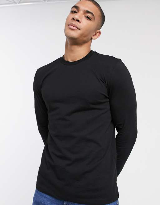 ASOS DESIGN – Langärmliges Shirt mit Rundhalsausschnitt in Schwarz