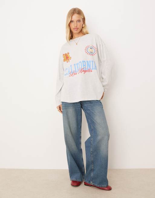 ASOS DESIGN – Langärmliges Skater-Shirt in meliertem Eisgrau mit „California“-Sportprint, 4 von 4