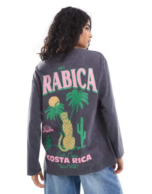 ASOS DESIGN – Langärmliges Skater-T-Shirt in Anthrazit mit „Costa Rica“-Grafikprint