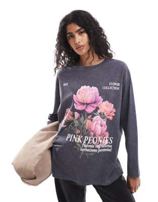 ASOS DESIGN - Langärmliges Skater-T-Shirt in Anthrazit mit „Peonie"-Blumen-Grafikprint-Grau