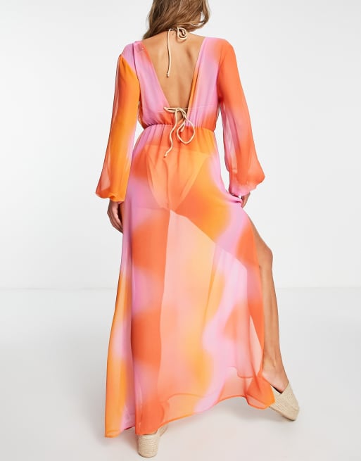ASOS DESIGN – Langärmliges Strand-Maxikleid mit tiefem Ausschnitt und Farbverlauf , 4 von 4
