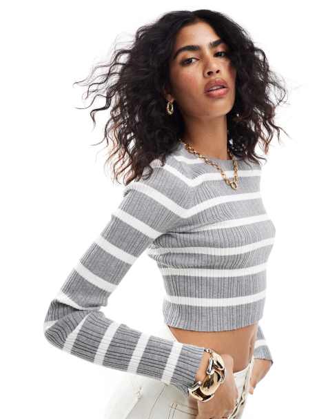 ASOS DESIGN – Langärmliges Strick-Oberteil in Grau gestreift mit Rundhalsausschnitt - view 1