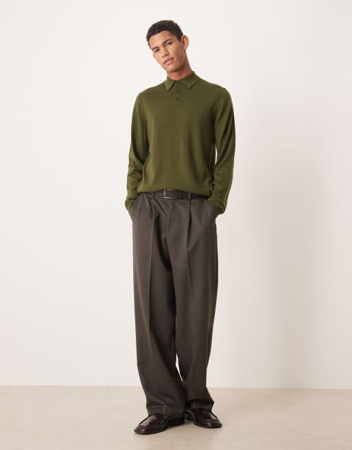ASOS DESIGN – Langärmliges Strick-Polohemd aus reiner Merinowolle in Khaki, 2 von 5