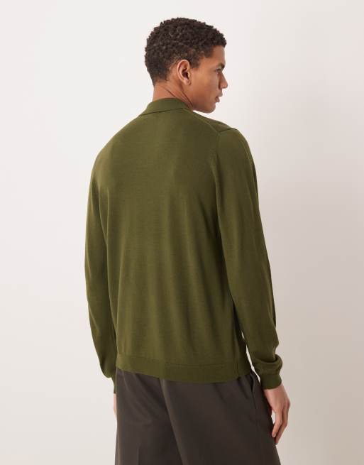 ASOS DESIGN – Langärmliges Strick-Polohemd aus reiner Merinowolle in Khaki, 3 von 5