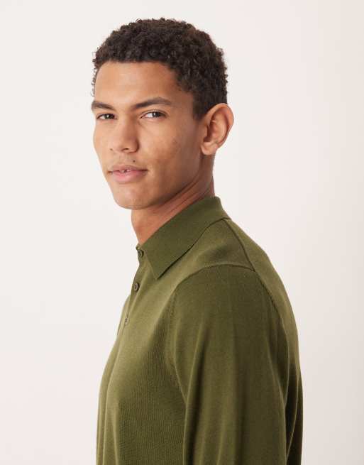 ASOS DESIGN – Langärmliges Strick-Polohemd aus reiner Merinowolle in Khaki, 4 von 5