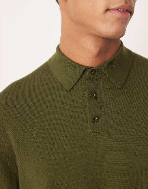ASOS DESIGN – Langärmliges Strick-Polohemd aus reiner Merinowolle in Khaki, 5 von 5