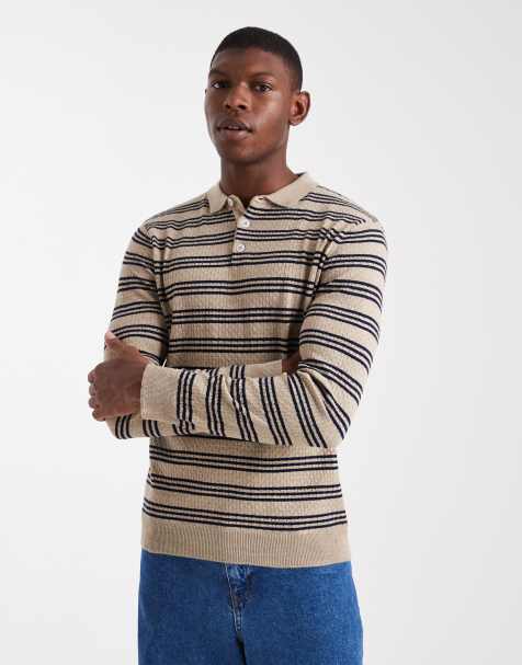 ASOS DESIGN – Langärmliges Strick-Polohemd in Ecru mit Streifen - view 1
