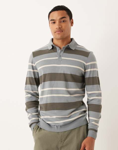 ASOS DESIGN – Langärmliges Strick-Polohemd in Grau mit Streifen - view 1