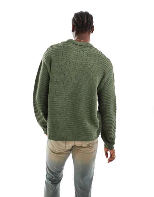 ASOS DESIGN – Langärmliges Struktur-Polohemd aus Strick in Blaugrün mit kastigem Oversize-Schnitt , 4 von 4