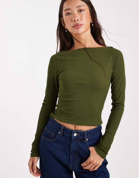 ASOS DESIGN – Langärmliges, strukturiertes Netzstoff-Oberteil in dunklem Olivgrün mit U-Boot-Ausschnitt - view 1