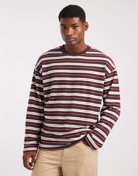 ASOS DESIGN – Langärmliges, strukturiertes Oversize-Shirt aus schwerem Material in Burgunderrot mit Streifen - view 1