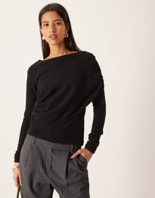 ASOS DESIGN - Langärmliges, superweiches Oberteil in Schwarz mit Wickeldetail