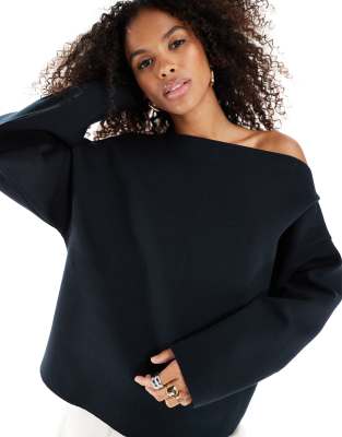 ASOS DESIGN - Langärmliges Sweatshirt aus Neopren in Schwarz mit weitem Ausschnitt