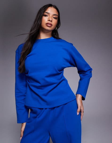 ASOS DESIGN – Langärmliges T-Shirt aus Interlock-Stoff in Blau mit Korsettoptik, Kombiteil - view 1