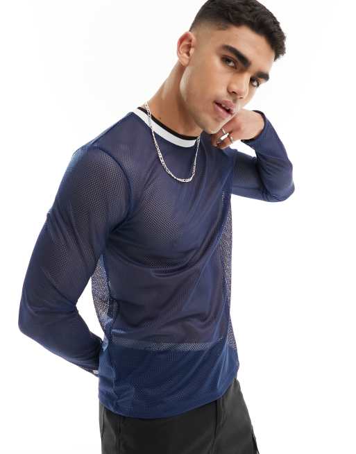 ASOS DESIGN – Langärmliges T-Shirt aus Netzstoff für Sportmode in Marineblau mit Zierstreifen