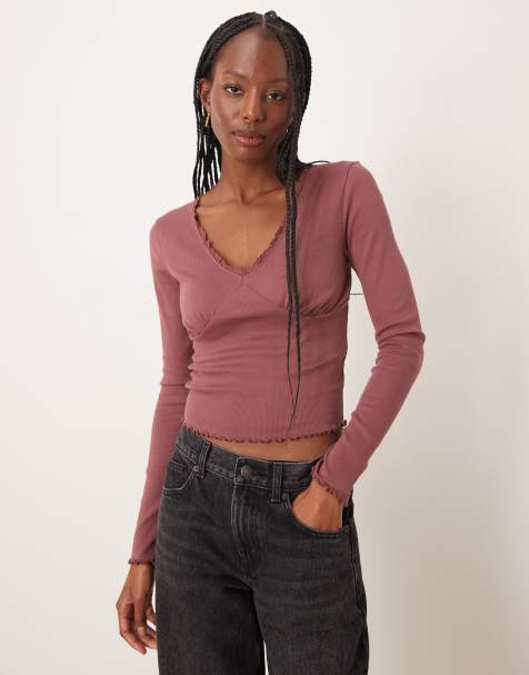 ASOS DESIGN – Langärmliges T-Shirt in dunklem Altrosa mit Spitzendetail und V-Ausschnitt - view 1