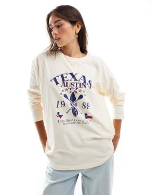 ASOS DESIGN - Langärmliges T-Shirt in Ecru mit „Austin Texas"-Paddleboard-Grafikprint-Weiß