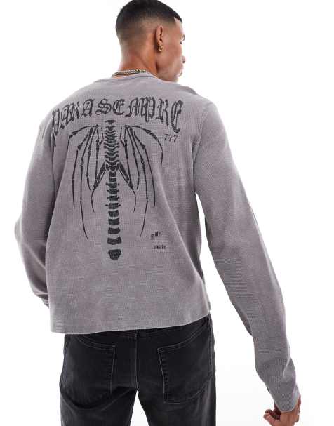 ASOS DESIGN – Langärmliges T-Shirt in Grau mit Henley-Ausschnitt und Grunge-Rückenaufdruck - view 1