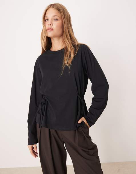 ASOS DESIGN – Langärmliges T-Shirt in Schwarz mit geraffter Seite mit Schnürung - view 1