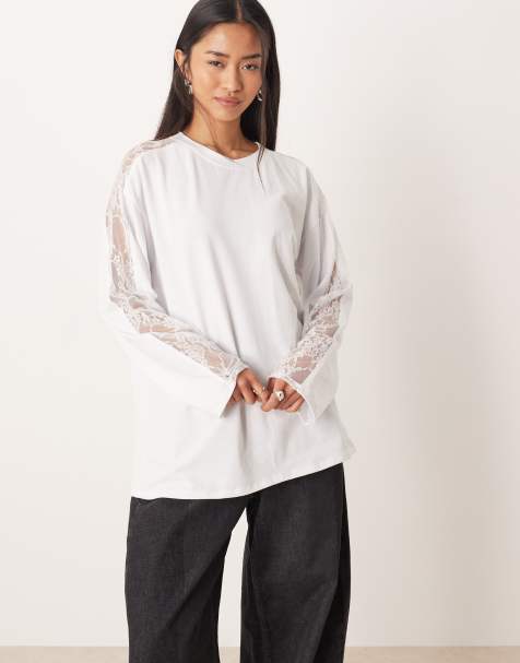 ASOS DESIGN – Langärmliges T-Shirt in Weiß mit Spitzeneinsatz - view 1