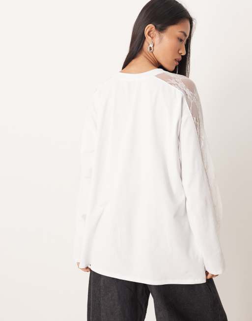 ASOS DESIGN – Langärmliges T-Shirt in Weiß mit Spitzeneinsatz, 4 von 4