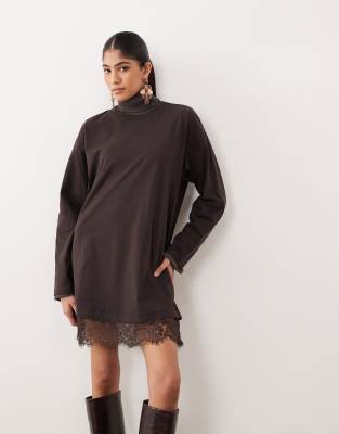 ASOS DESIGN - Langärmliges T-Shirt-Kleid in Braun mit Spitzenborte-Brown