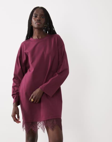 ASOS DESIGN langärmliges T-Shirt-Kleid mit Spitzenbesatz am Saum in Pflaume - view 1
