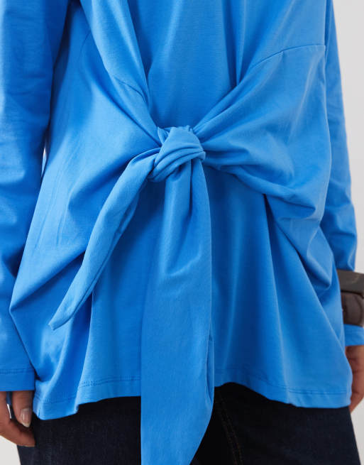 ASOS DESIGN langärmliges T-Shirt mit Bindegürtel in Blau, 3 von 4
