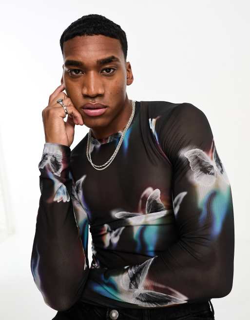 ASOS DESIGN – Langärmliges T-Shirt mit körperbetontem Schnitt aus gemustertem Netzstoff