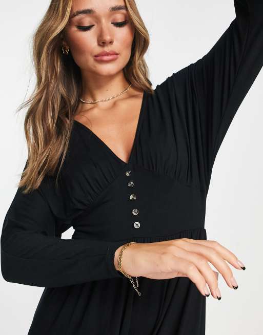 ASOS DESIGN – Langärmliges, tailliertes Midi-Nachmittagskleid in Schwarz mit Knöpfen, 2 von 4