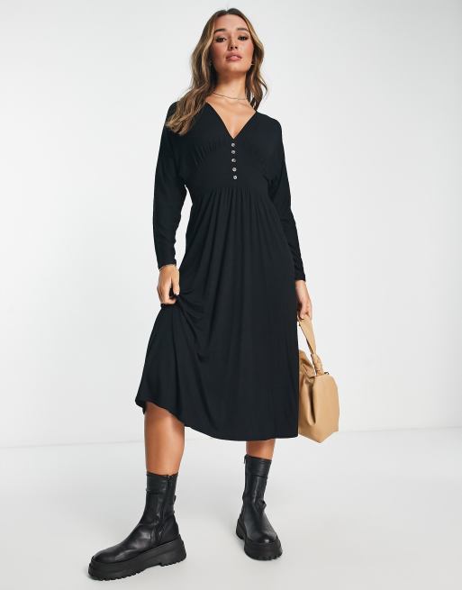 ASOS DESIGN – Langärmliges, tailliertes Midi-Nachmittagskleid in Schwarz mit Knöpfen, 3 von 4