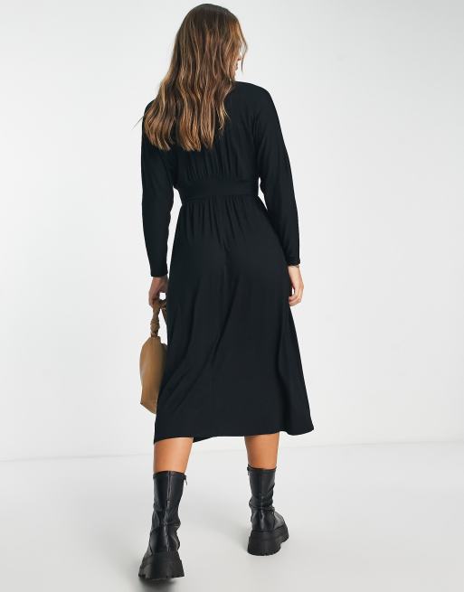 ASOS DESIGN – Langärmliges, tailliertes Midi-Nachmittagskleid in Schwarz mit Knöpfen, 4 von 4
