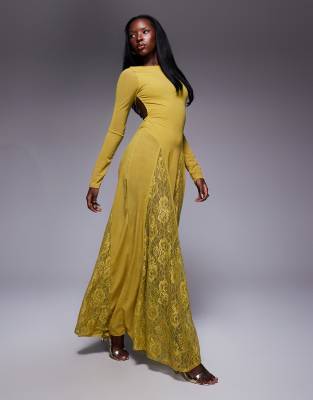 ASOS DESIGN - Langärmliges, transparentes Maxikleid in Grün mit Body und Godet-Einsätzen aus Spitze