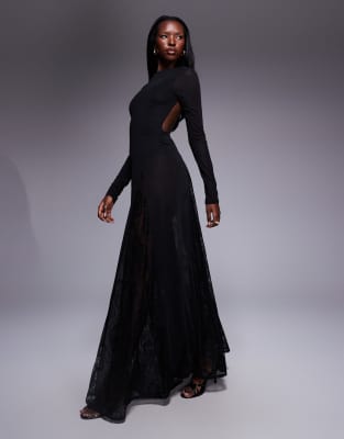 ASOS DESIGN - Langärmliges, transparentes Maxikleid in Schwarz mit Body und Godet-Einsätzen aus Spitze