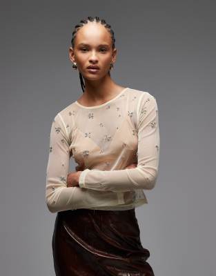 ASOS DESIGN - Langärmliges, transparentes Netzstoff-Oberteil in Cremeweiß mit verstreuten Verzierungen-Neutral