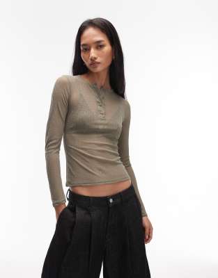 ASOS DESIGN - Langärmliges, transparentes Oberteil in Khaki mit Zwiebel-Rippenmuster-Grau