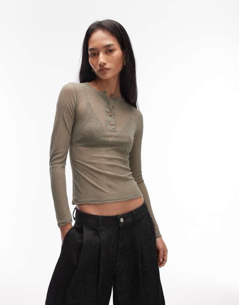 ASOS DESIGN – Langärmliges, transparentes Oberteil in Khaki mit Zwiebel-Rippenmuster - view 1