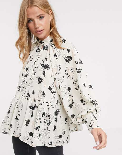 ASOS DESIGN – Langärmliges, transparentes Oberteil mit Knopfleiste und Blümchenmuster