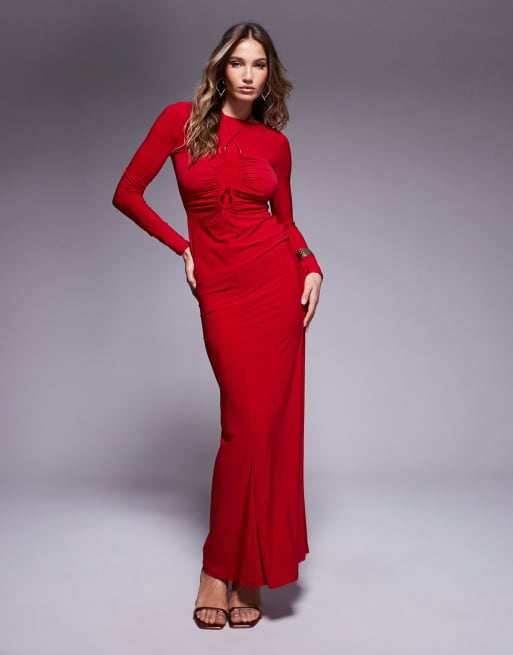 ASOS DESIGN Langarmliges weich flieBendes Maxikleid in Rot mit Raffung und goldfarbenem Besatz